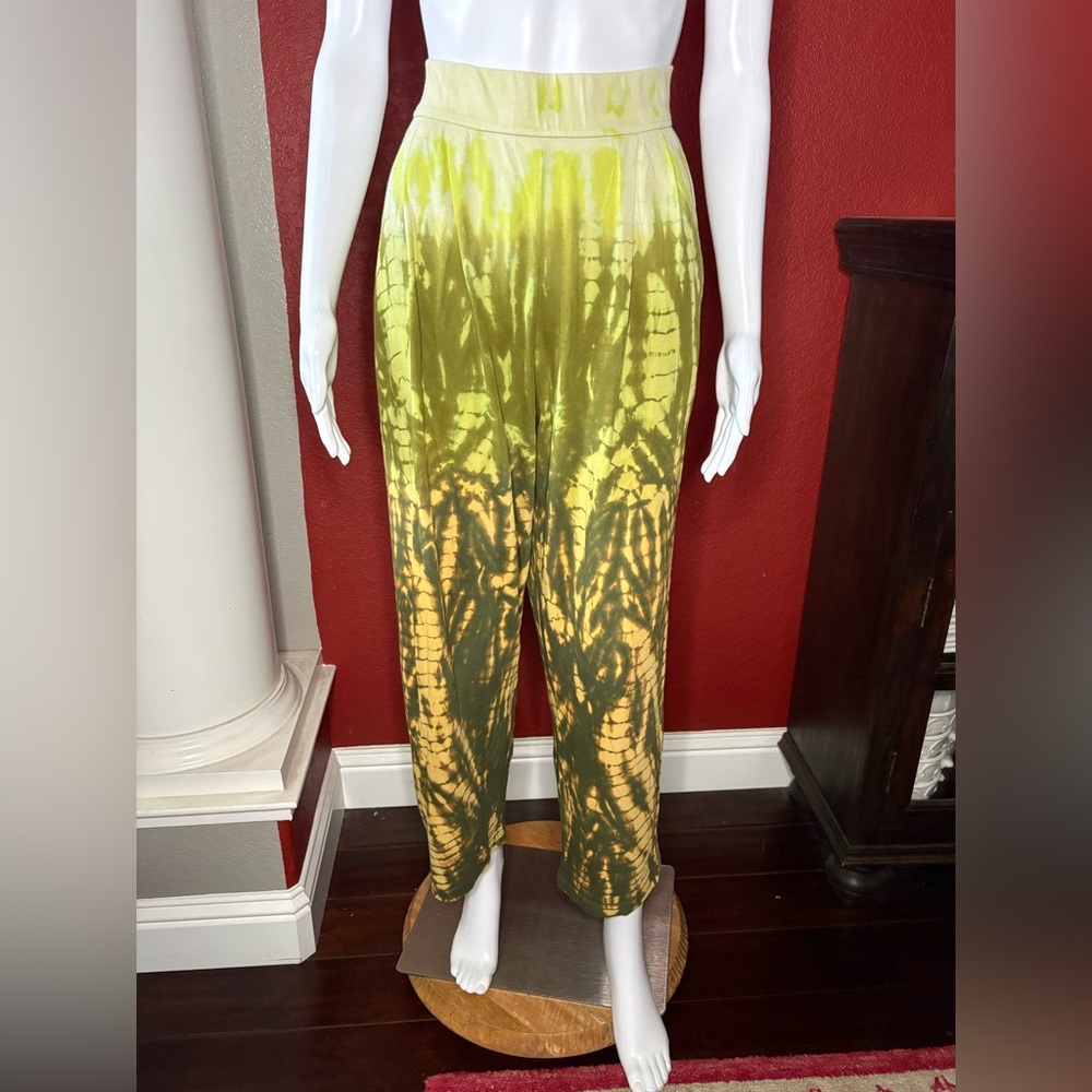 Raquel Allegra Tie Dye Acid Wash Easy Pants 100% Cotton Size 3 Green Yellow Gold